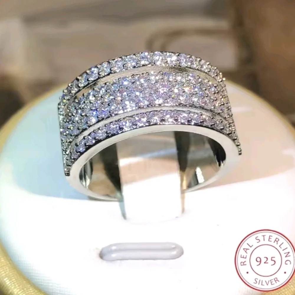 Unisex 925 Sterling Silver Pave Band Ring Sz 10